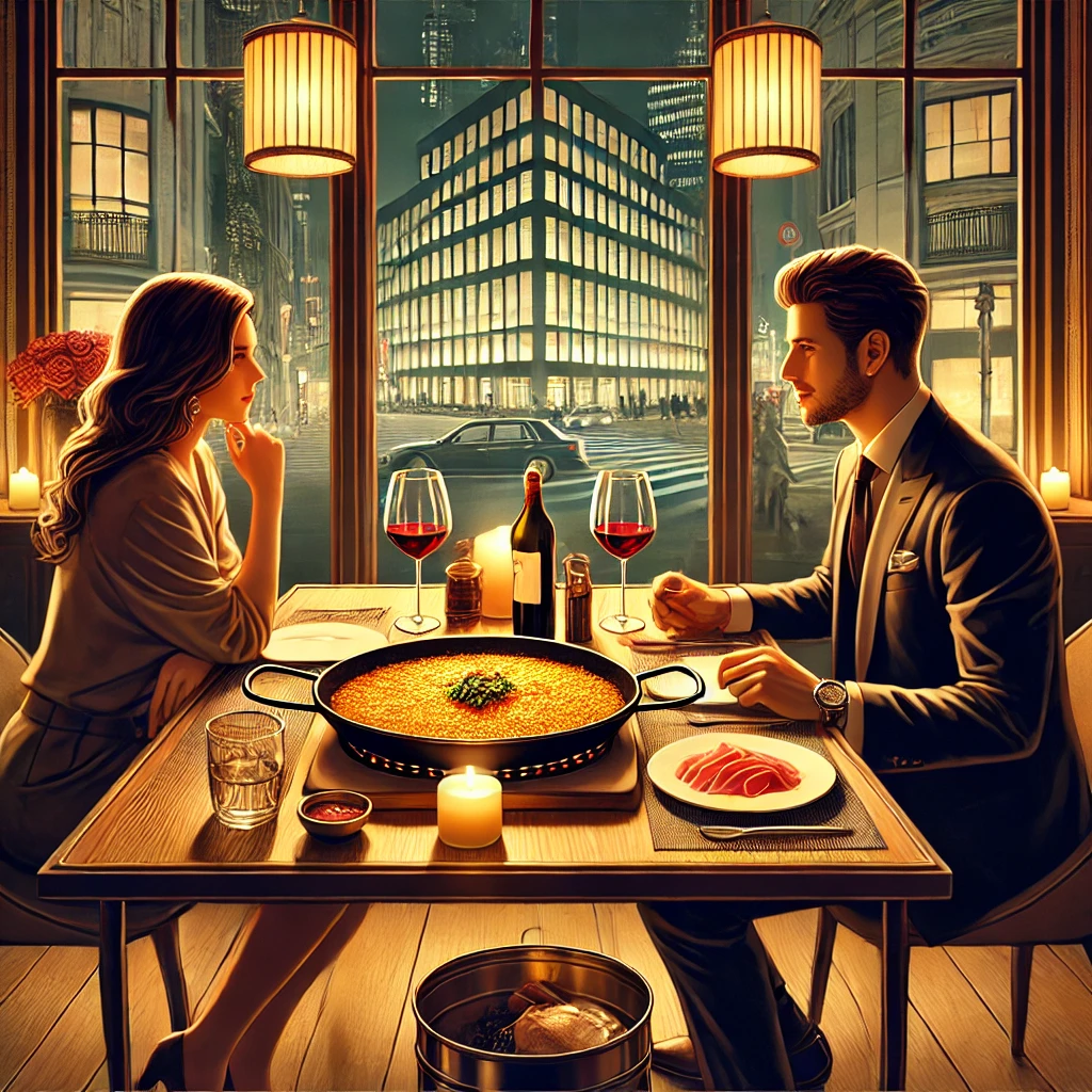 ADRIFT by DAVID MYERS. A couple sit across from each other enjoying Spanish food.