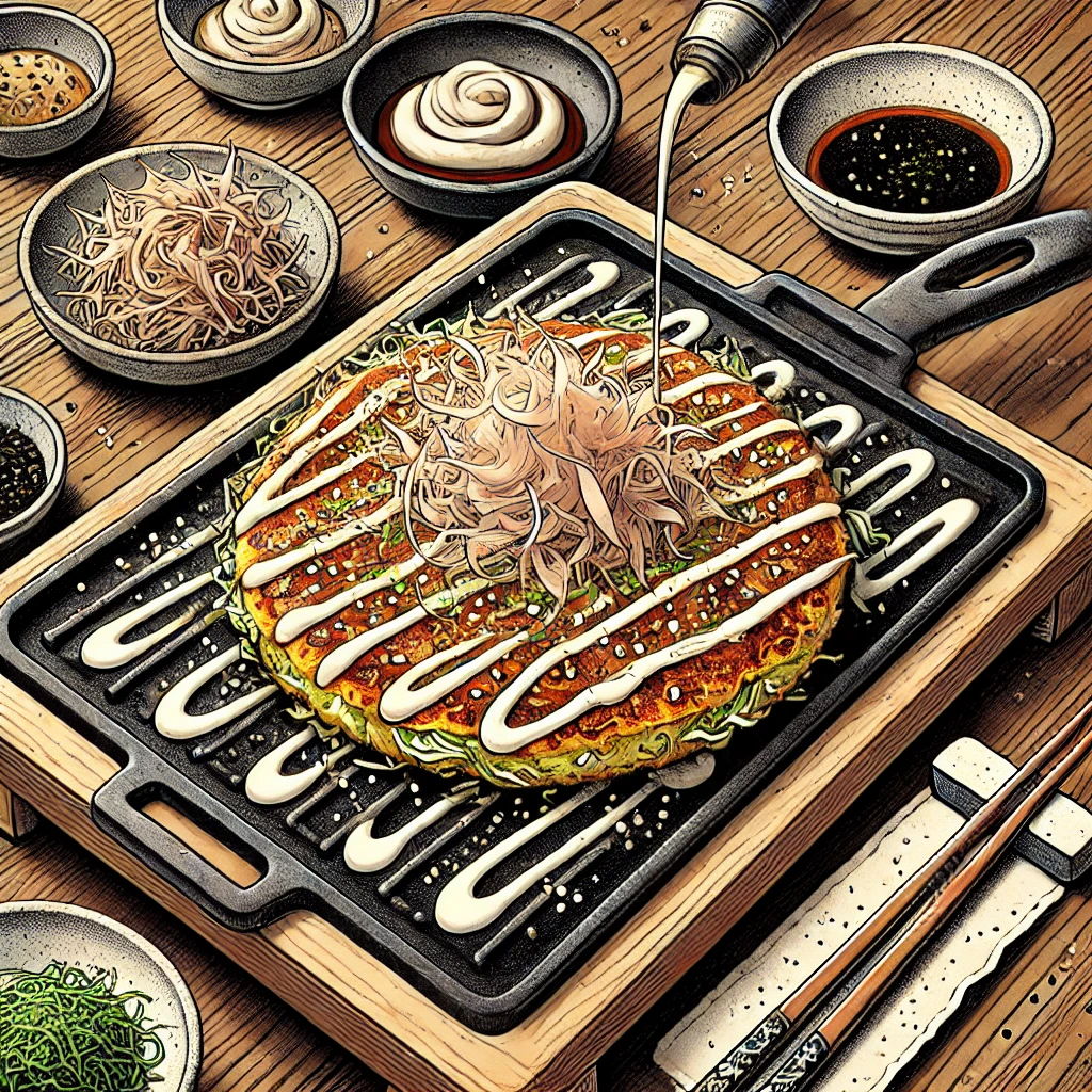 Tsukishima Monja Okonomiyaki with mayonnaise on top