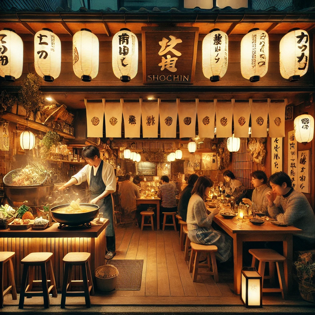 Chochin. Office workers eating oden inside the restaurant