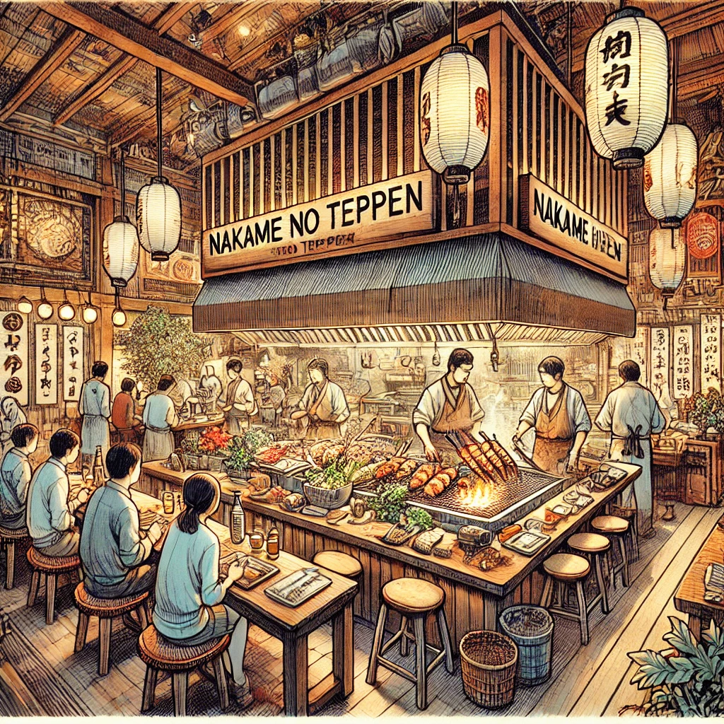 The top of Nakame. A bright and lively restaurant with many people eating.