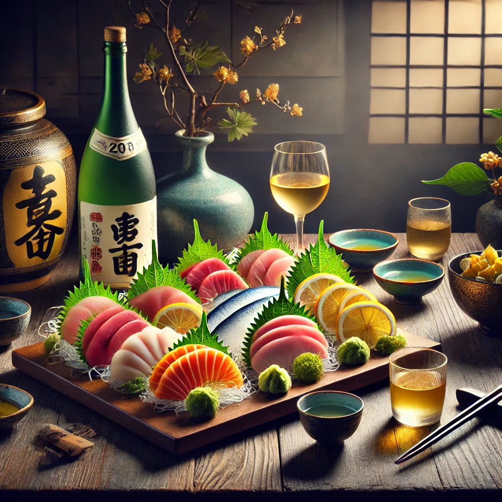 Nakizakana. Sake and seafood dishes are lined up.