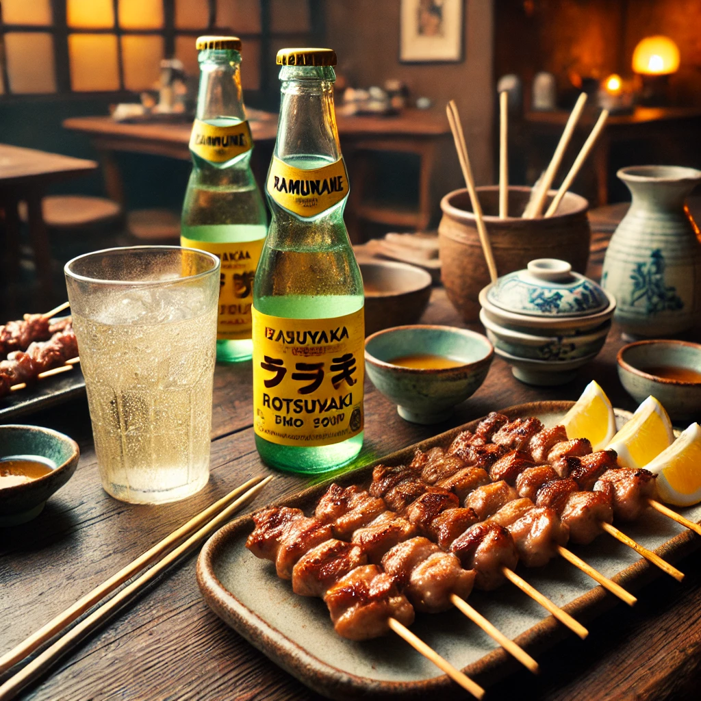 Motsuyakiban. Yakitori and Ramune sour are on the table.