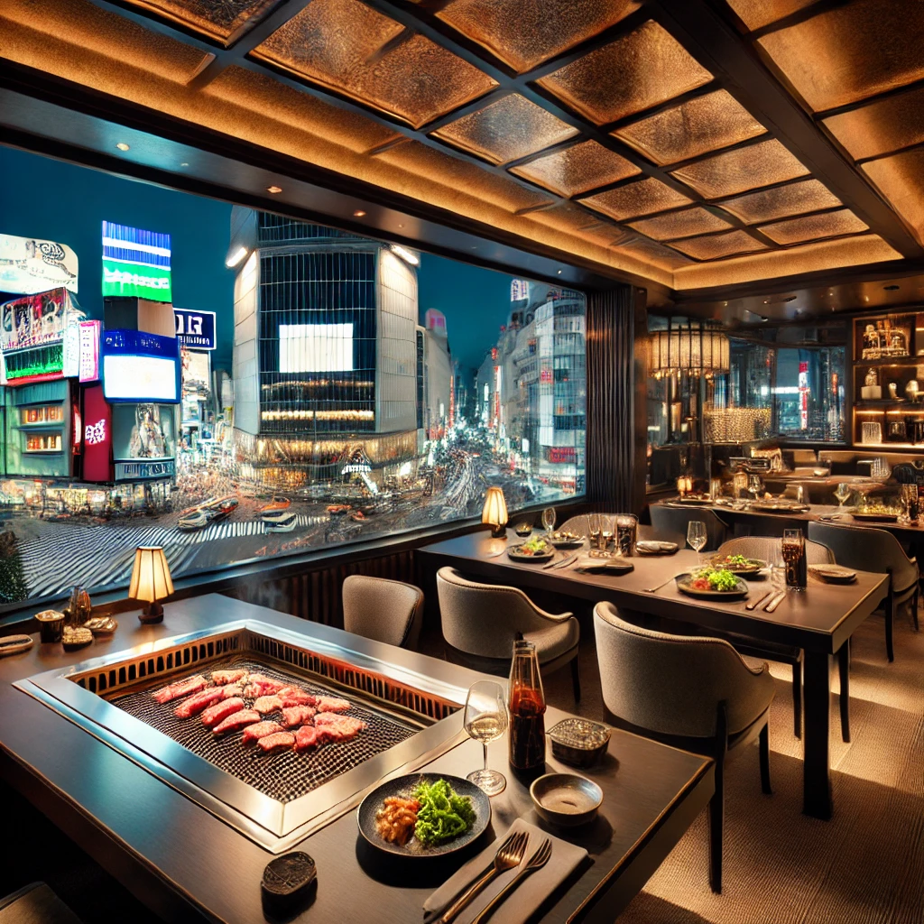Shibuya Wagyu Yakiniku USHIHACHI Kiwami. You can see Shibuya's Scramble Crossing outside, and meat is being grilled inside.