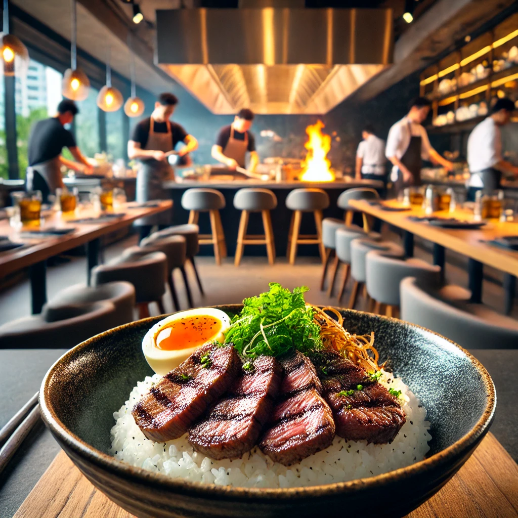 Steak rice and curry shop. There is a plate with steak and rice in front of you