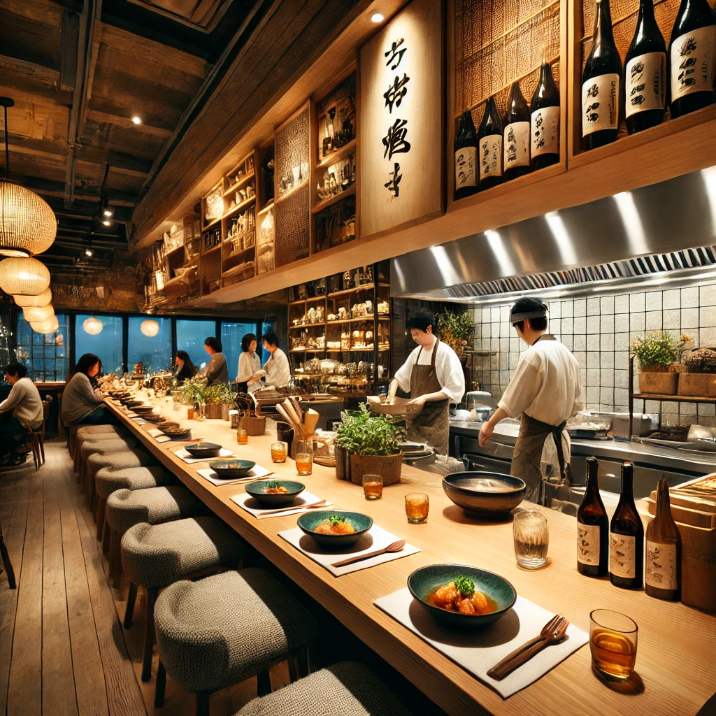 Izakaya with a hideaway atmosphere. Japanese food and sashimi are lined up