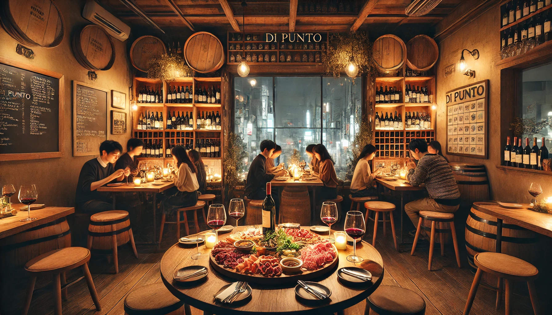 Di PUNTO Shibuya. Enjoying wine and prosciutto in a warm, wooden interior
