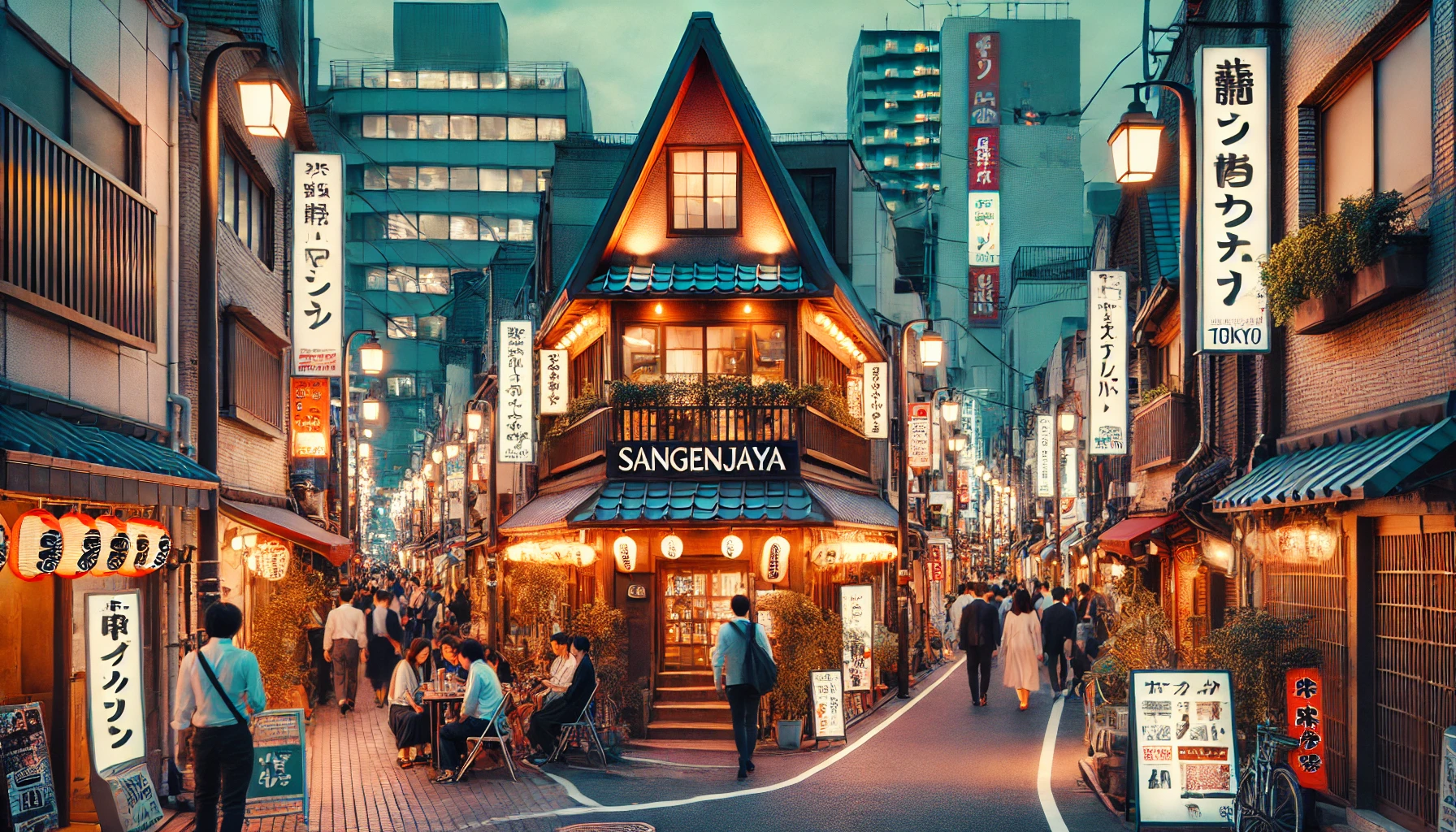Sangenjaya streetscape. Shops line the streets with a retro feel.