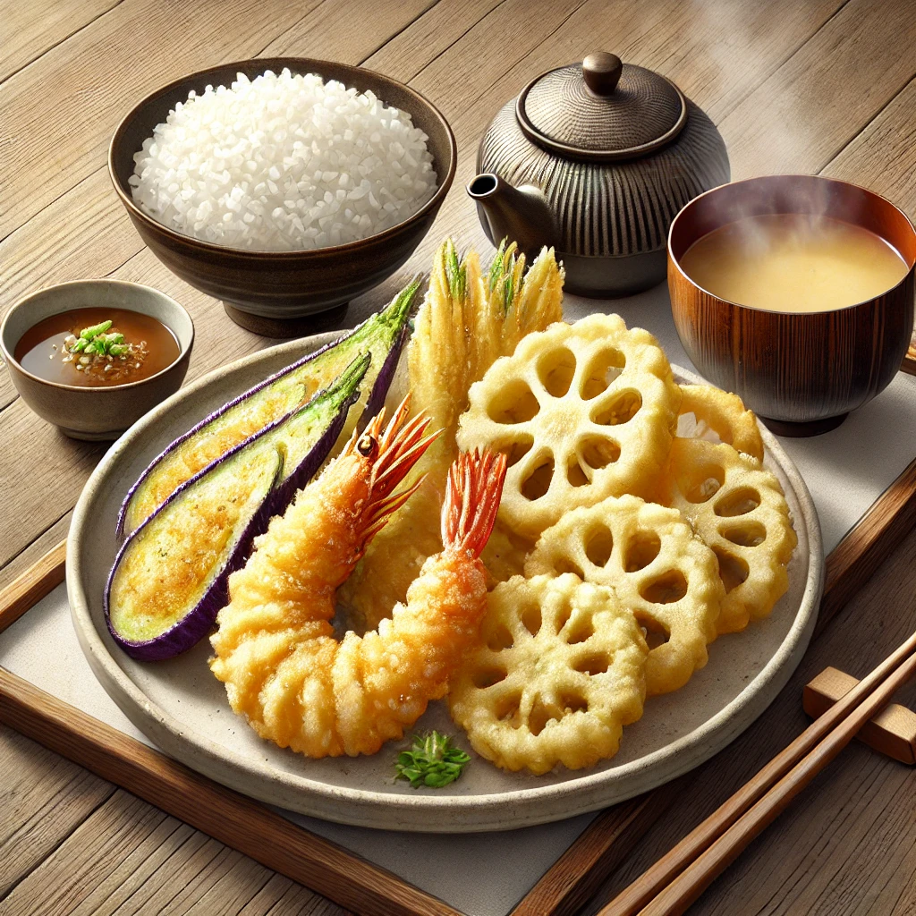 Yakitori Haretsubame. A tempura set meal with shrimp and lotus root tempura.
