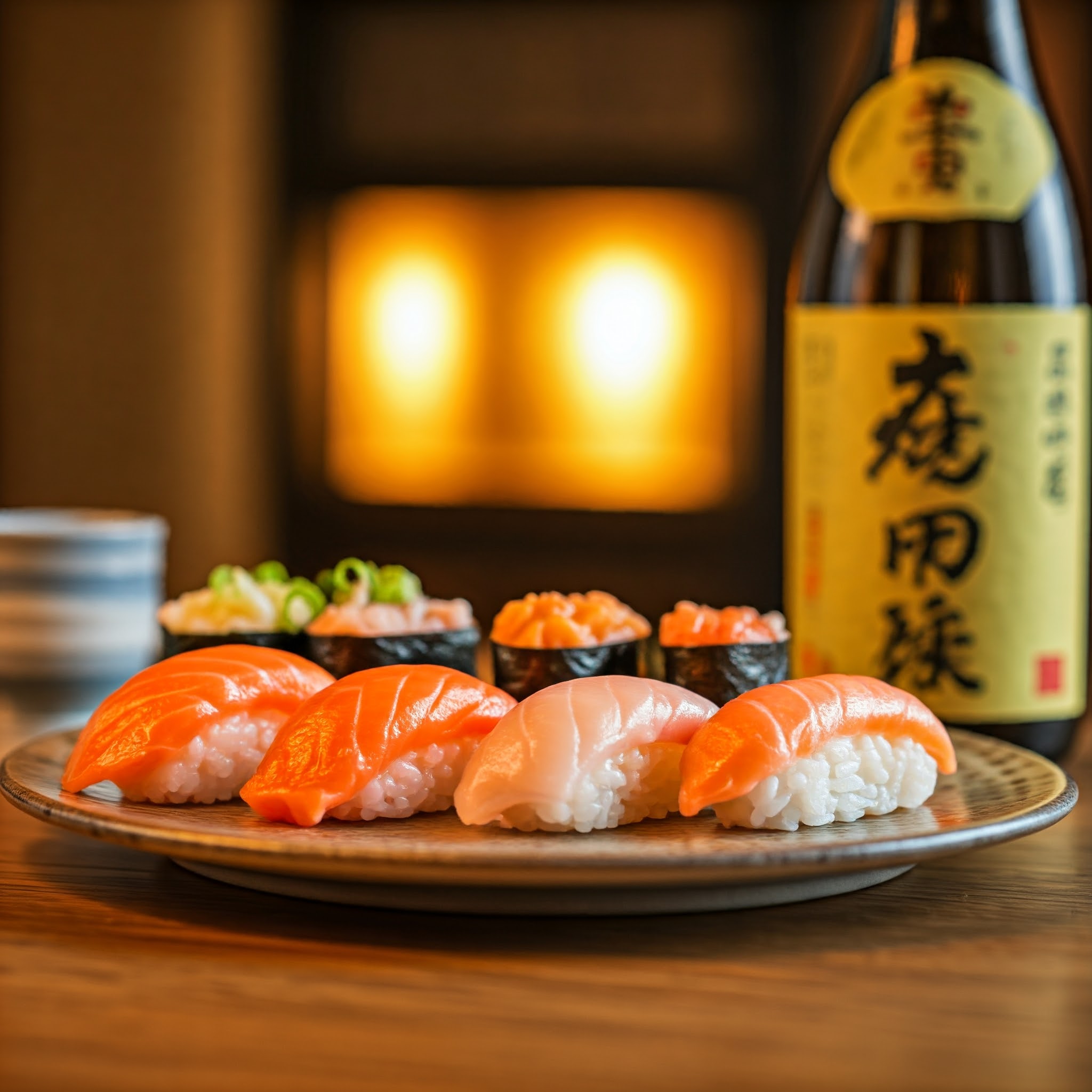 寿司バー、にぎりて。寿司と日本酒が並んでいる