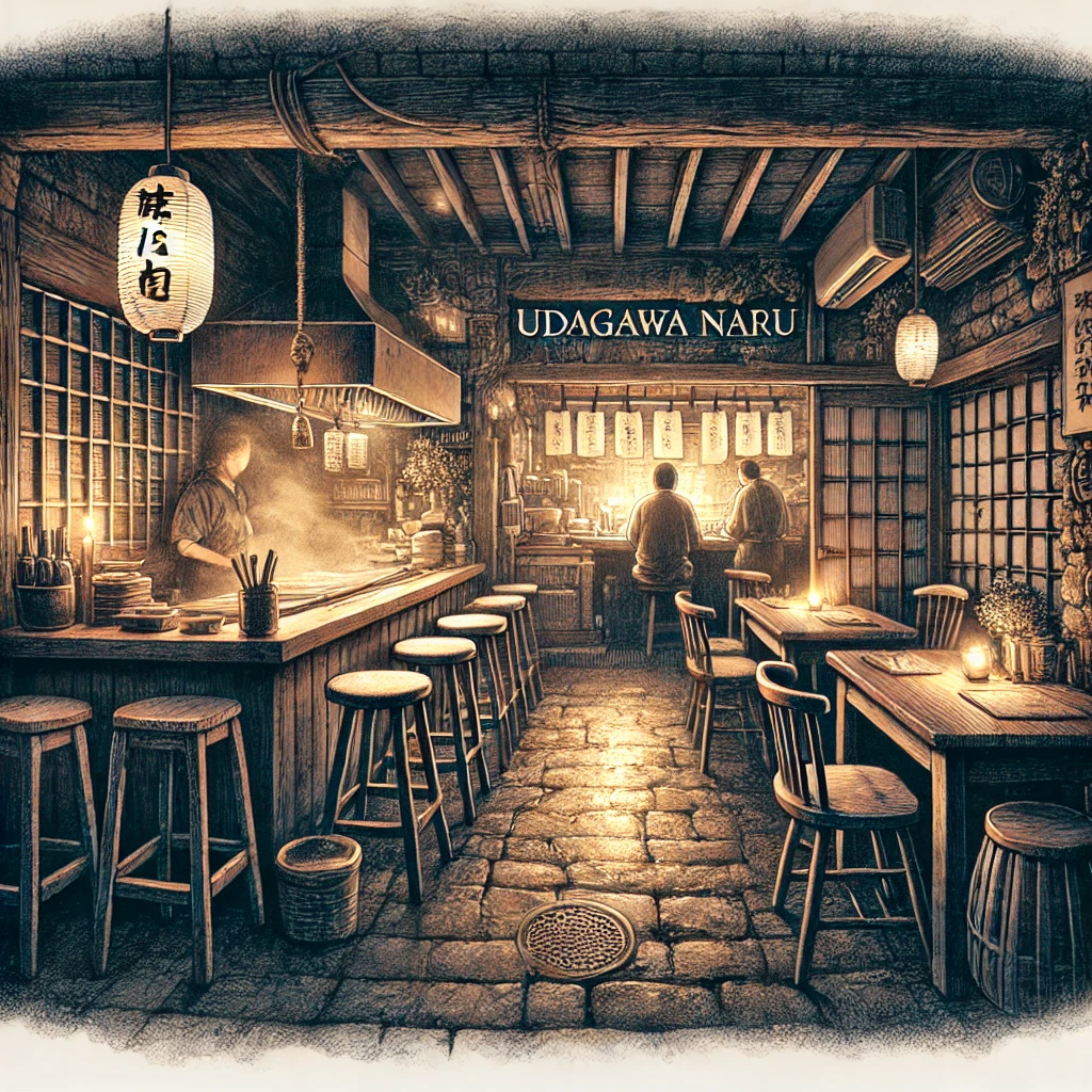 Utagawa Naru. Eating a meal in a hideaway-like restaurant.