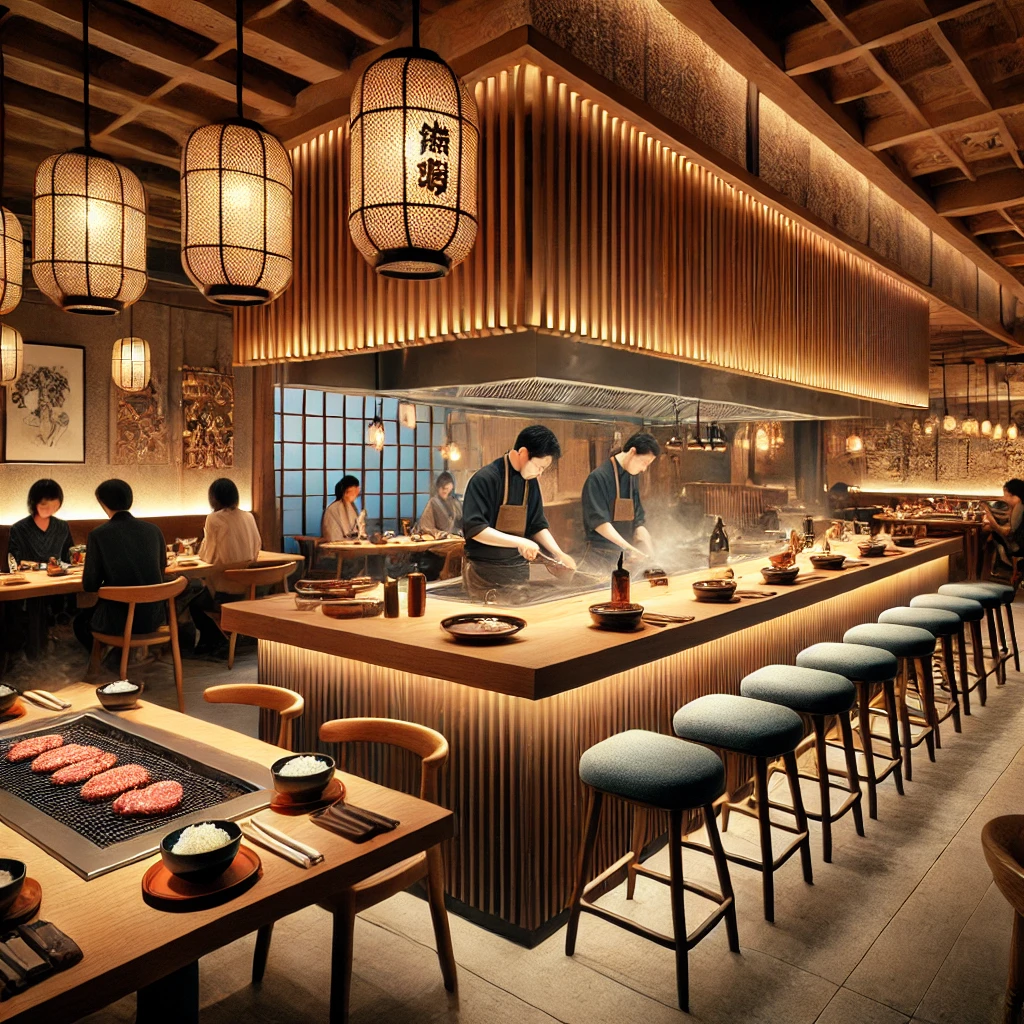 A hamburger steak restaurant. The interior has a stylish atmosphere, and the hamburger steaks are cooked on a hot plate