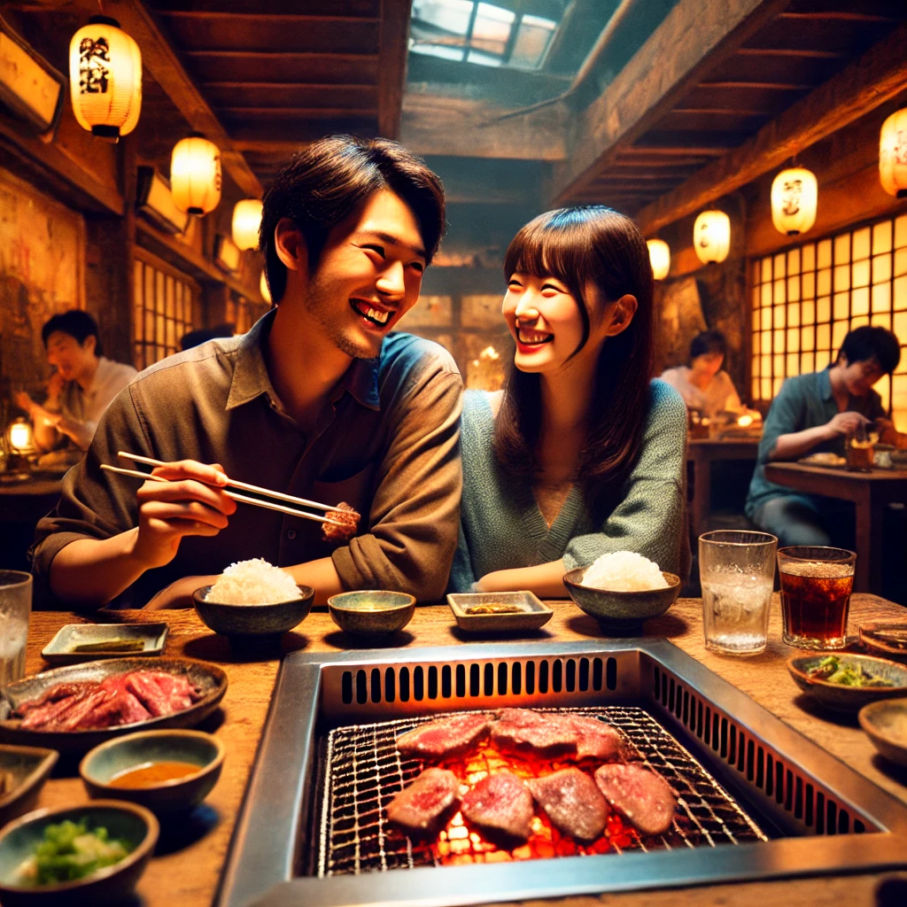 Nikujin in Sangenjaya. A couple enjoys yakiniku in a traditional Japanese-style building