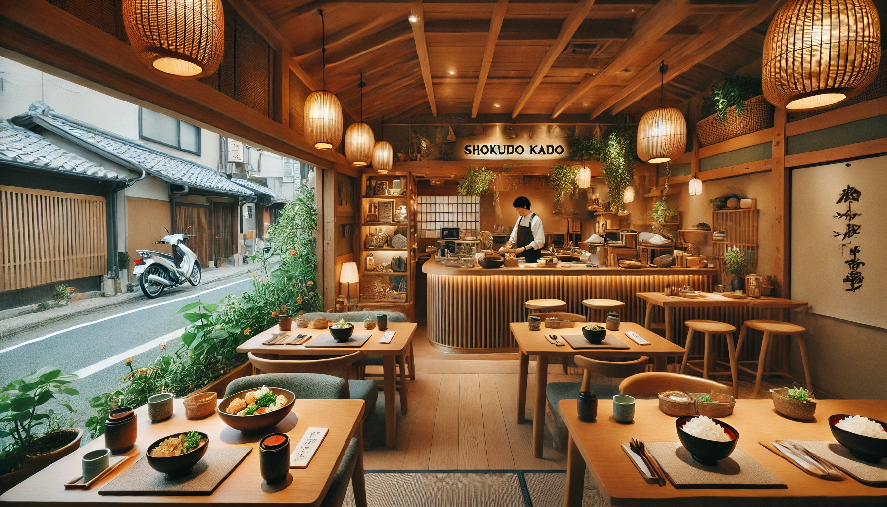ShokudoKado. Japanese food is placed on tables in a restaurant with warm wooden interior