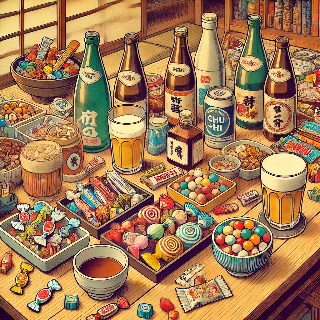 Shibuya candy bar. Snacks and alcohol are lined up on the table.