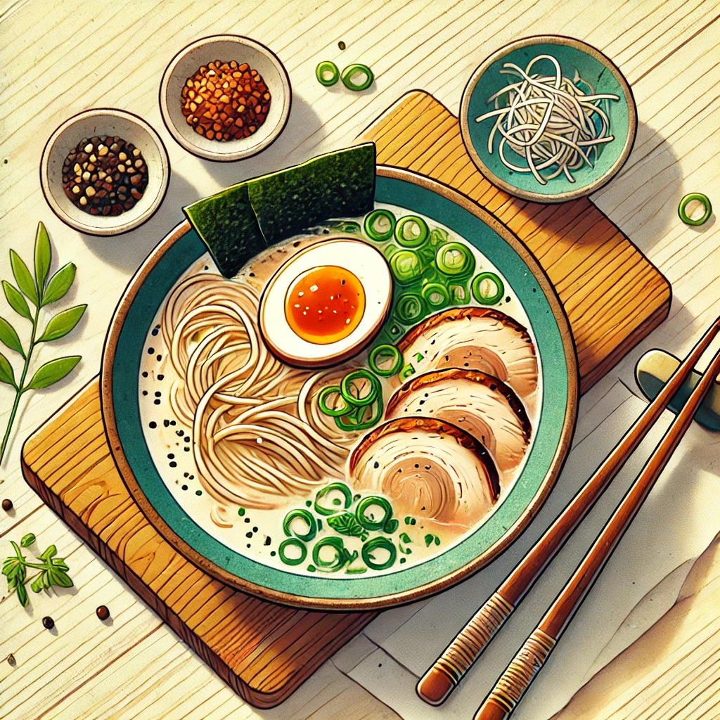 Rich chicken white soup ramen. Rich ramen topped with boiled egg, seaweed, and char siu, with a spicy flavor.